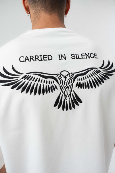 Motifli Nakış Detaylı Beyaz Oversize Baskılı T-Shirt