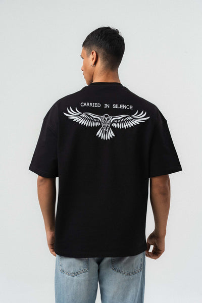Motifli Nakış Detaylı Siyah Oversize Baskılı T-Shirt
