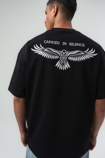 Motifli Nakış Detaylı Siyah Oversize Baskılı T-Shirt