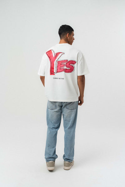 Yes Art ve Nakış Detaylı Beyaz Premium Oversize Baskılı T-Shirt