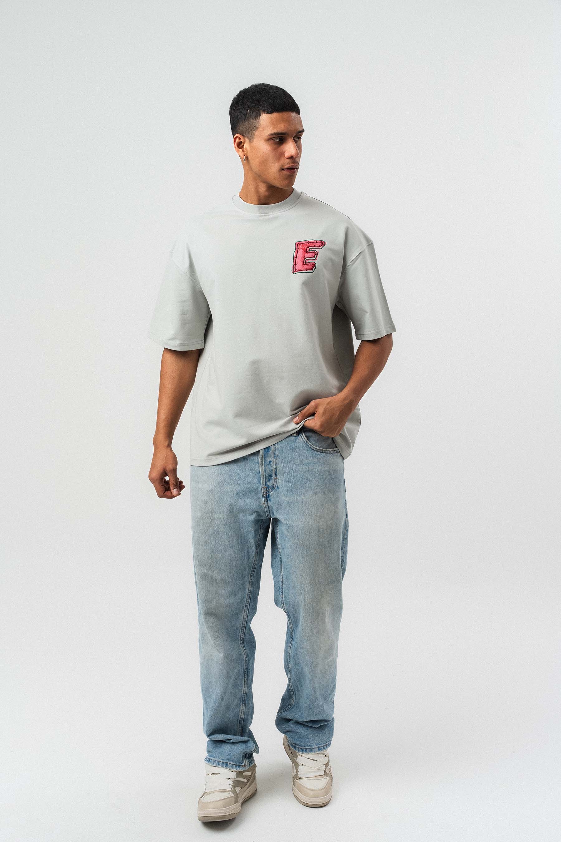 Yes Art ve Nakış Detaylı Gri Premium Oversize Baskılı T-Shirt