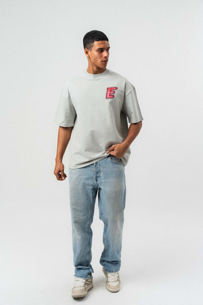 Yes Art ve Nakış Detaylı Gri Premium Oversize Baskılı T-Shirt