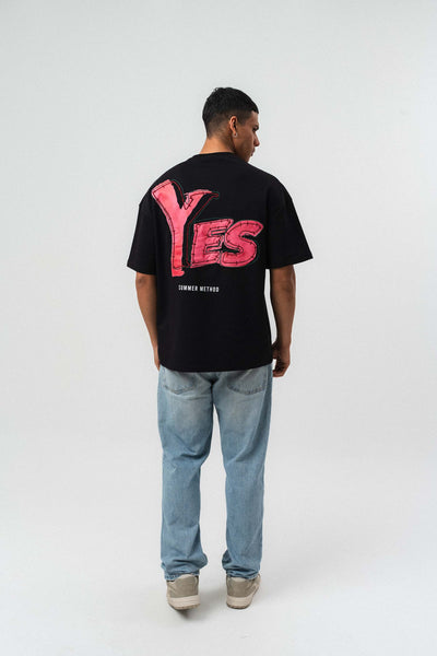 Yes Art ve Nakış Detaylı Siyah Premium Oversize Baskılı T-Shirt