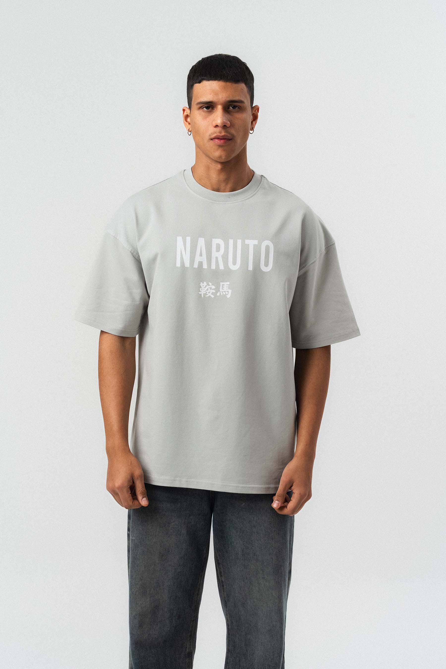 Naruto Baskılı Gri Oversize Baskılı T-Shirt