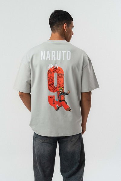 Naruto Baskılı Gri Oversize Baskılı T-Shirt