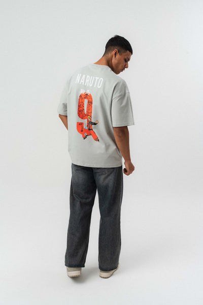 Naruto Baskılı Gri Oversize Baskılı T-Shirt