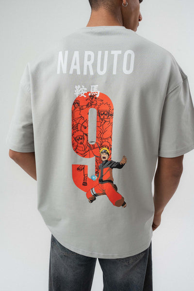 Naruto Baskılı Gri Oversize Baskılı T-Shirt