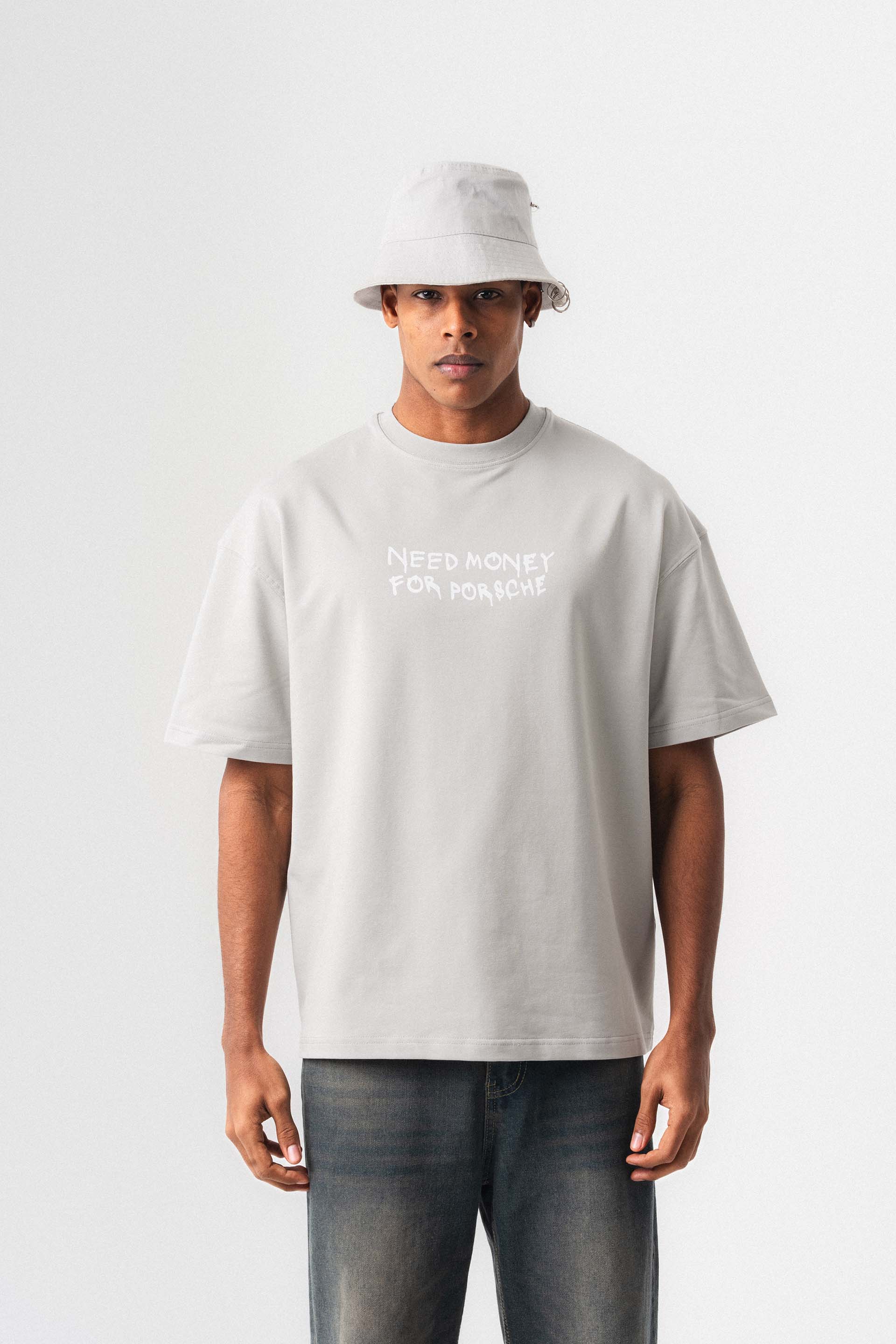 Need Money For Porsche Gri Oversize Baskılı T-Shirt