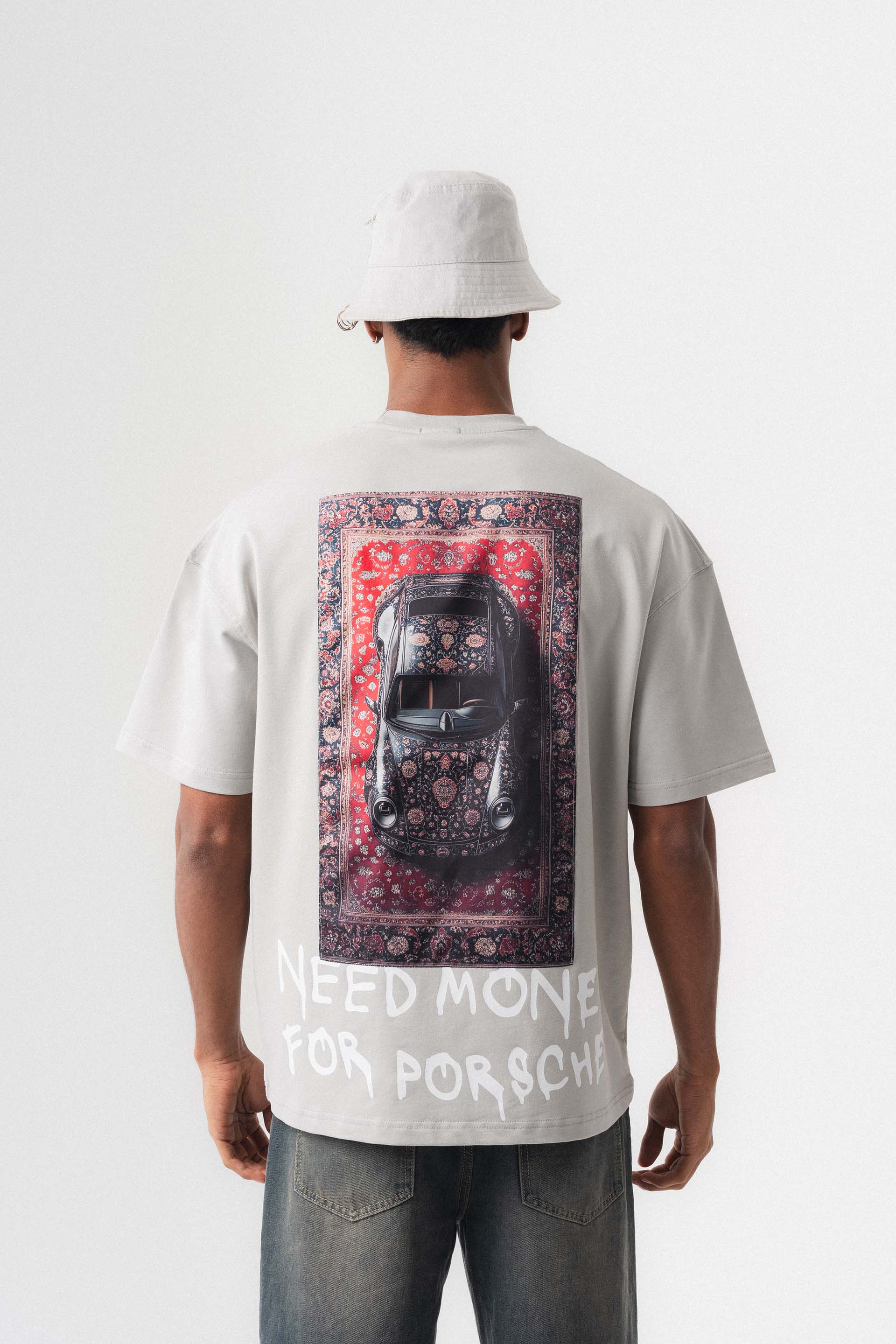 Need Money For Porsche Gri Oversize Baskılı T-Shirt