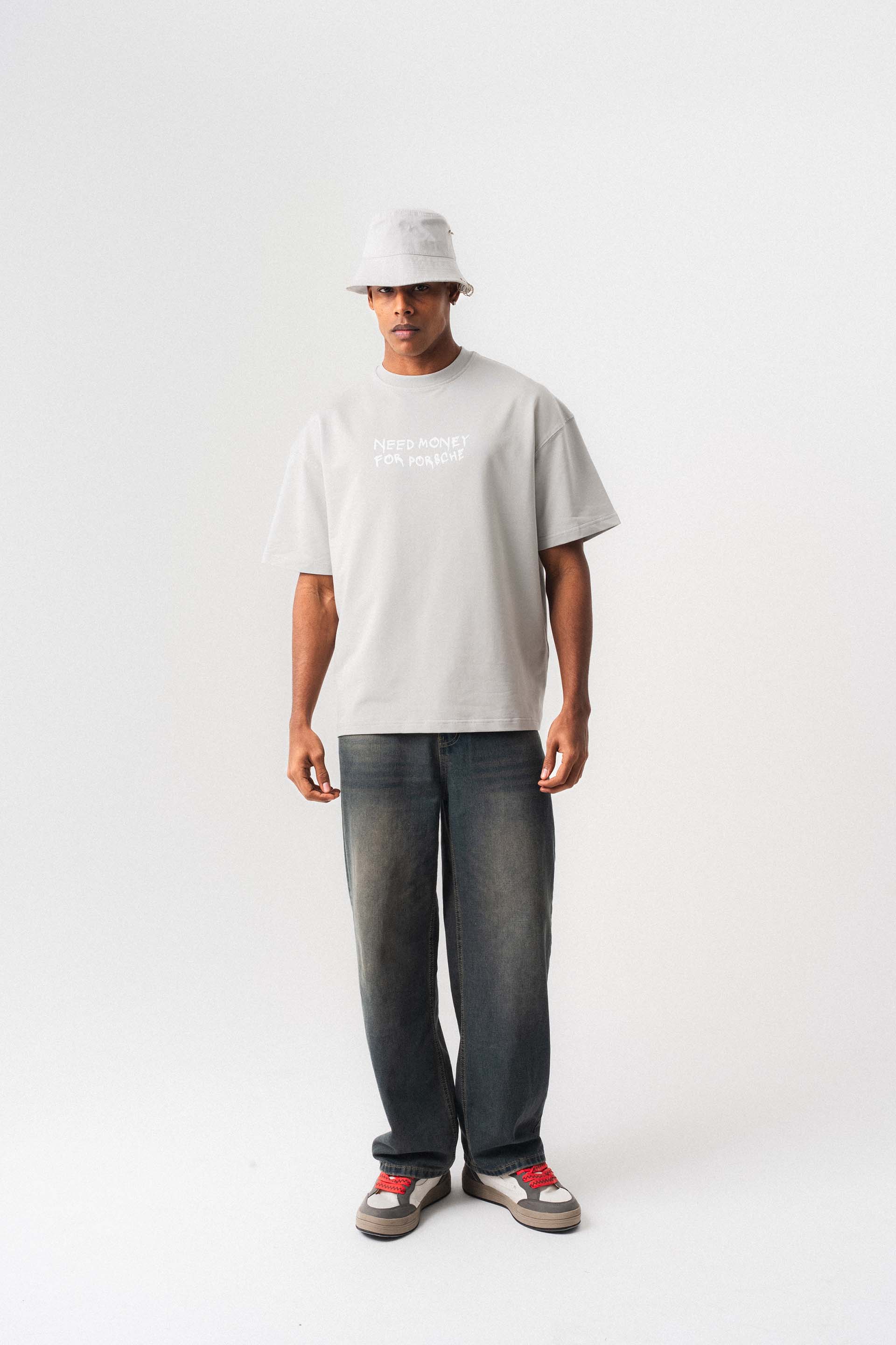 Need Money For Porsche Gri Oversize Baskılı T-Shirt