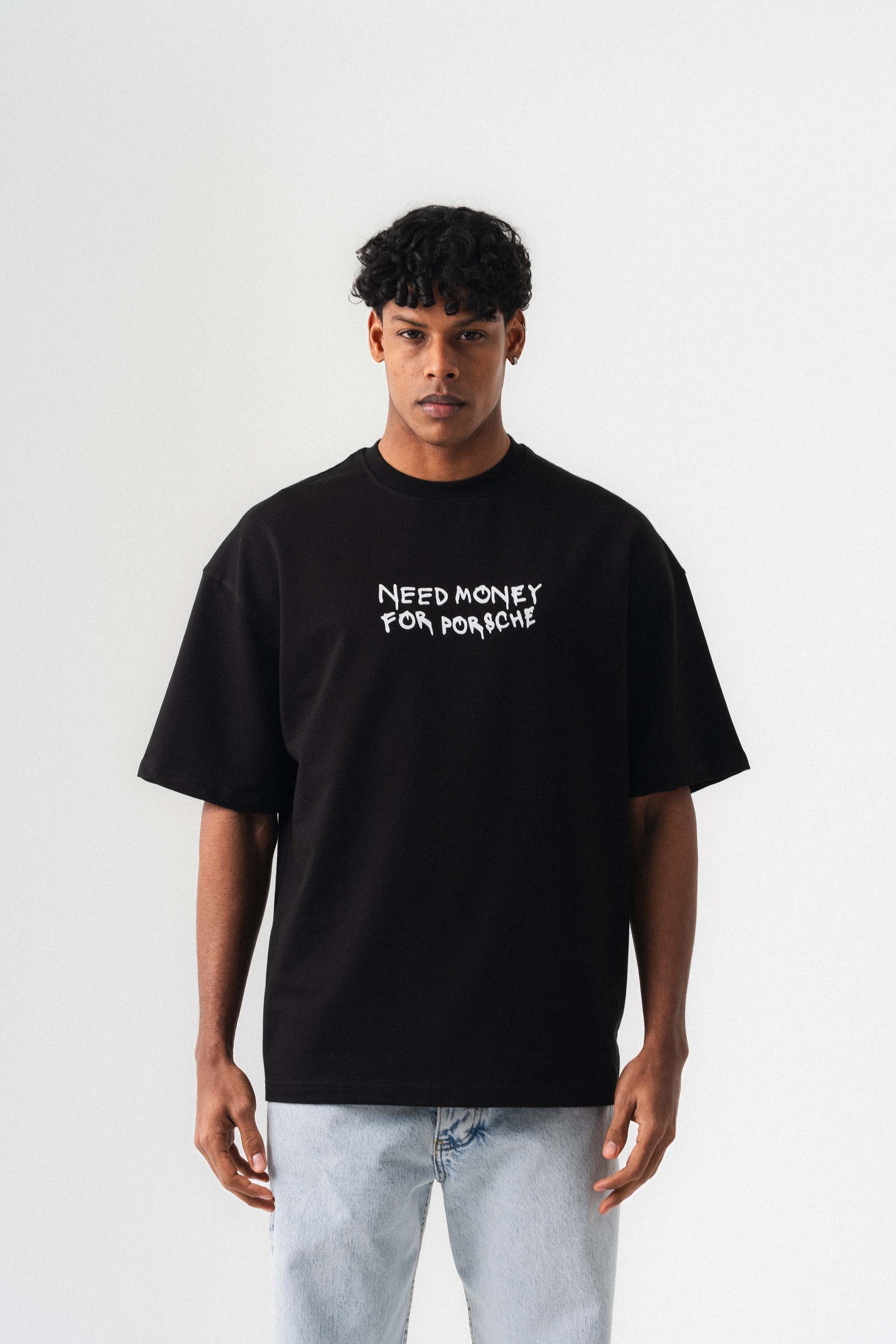 Need Money For Porsche Siyah Oversize Baskılı T-Shirt