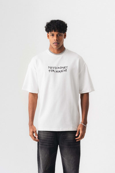 Need Money For Porsche Beyaz Oversize Baskılı T-Shirt