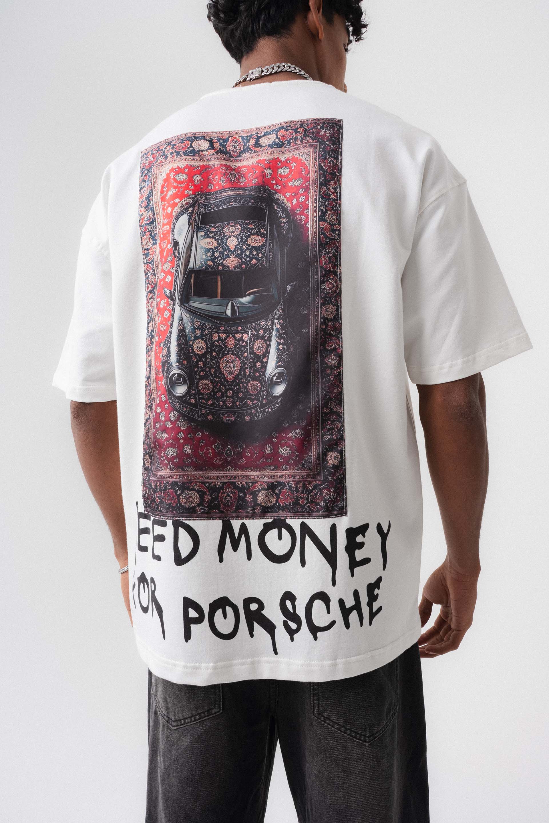 Need Money For Porsche Beyaz Oversize Baskılı T-Shirt