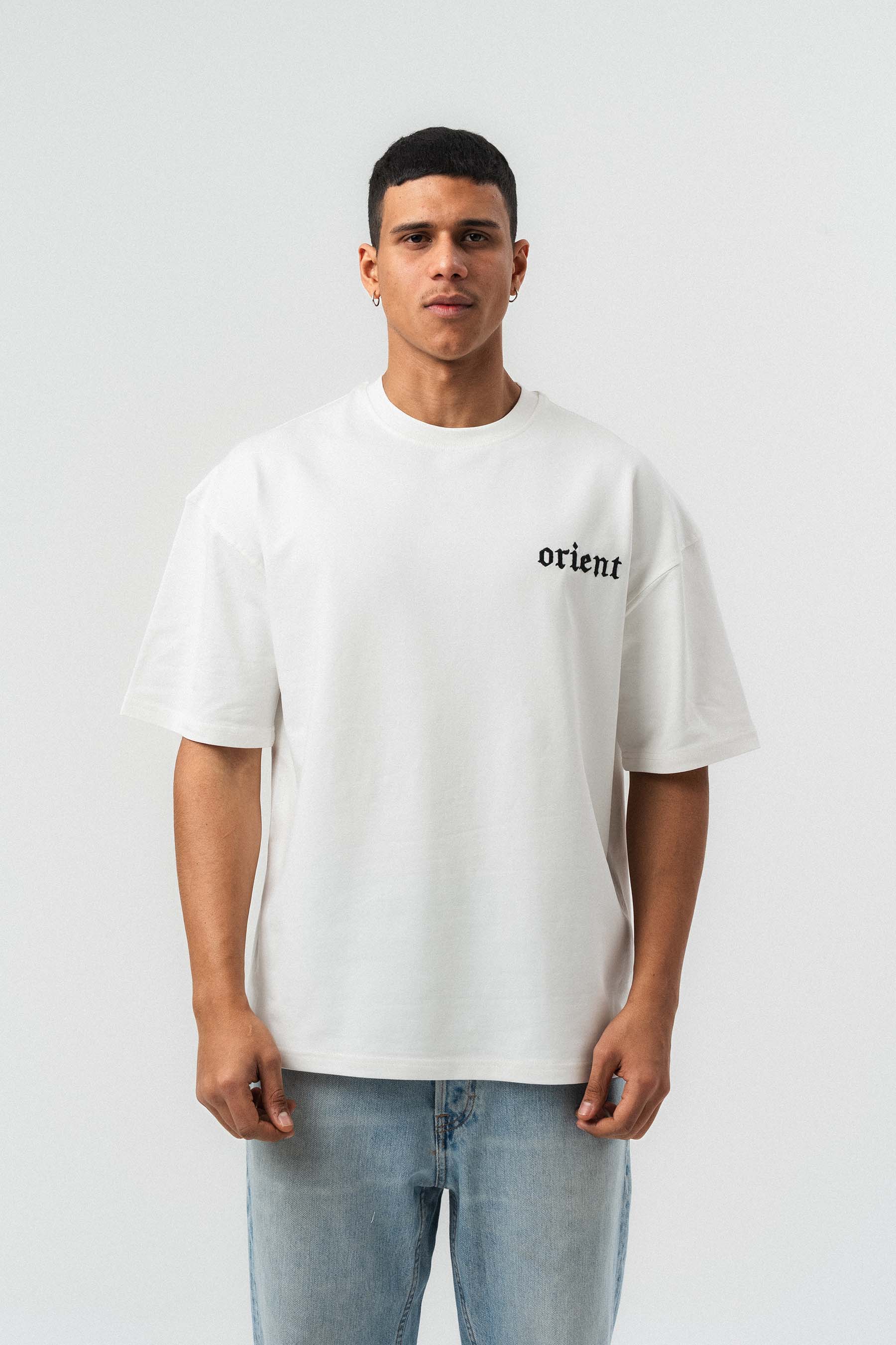 Orient Etnik Desen Nakış Detaylı Gri Oversize Baskılı T-Shirt