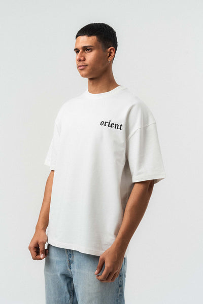 Orient Etnik Desen Nakış Detaylı Gri Oversize Baskılı T-Shirt