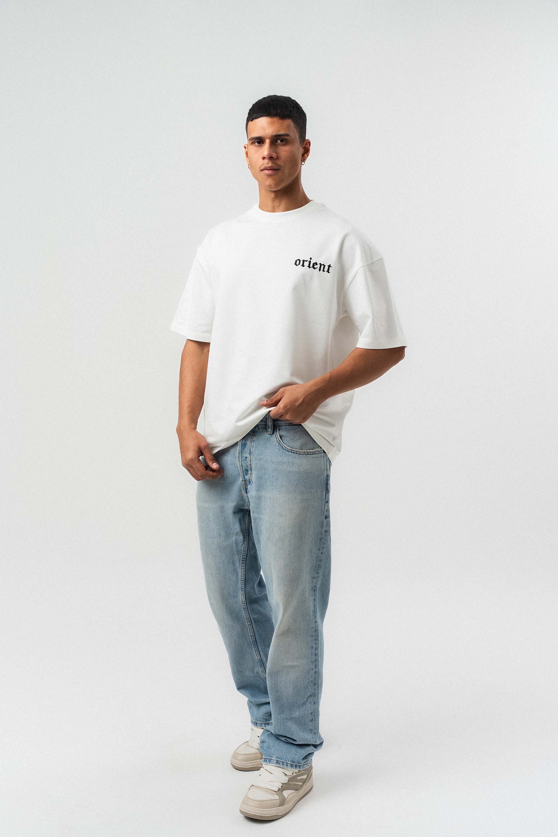 Orient Etnik Desen Nakış Detaylı Gri Oversize Baskılı T-Shirt