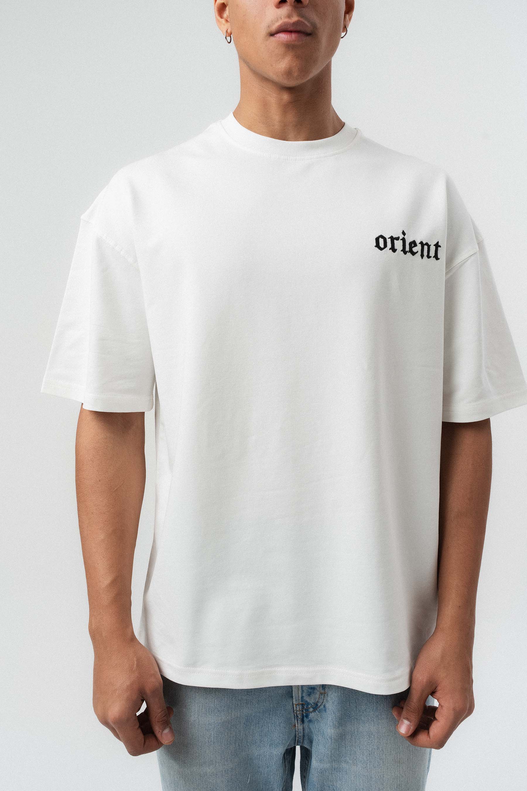 Orient Etnik Desen Nakış Detaylı Gri Oversize Baskılı T-Shirt