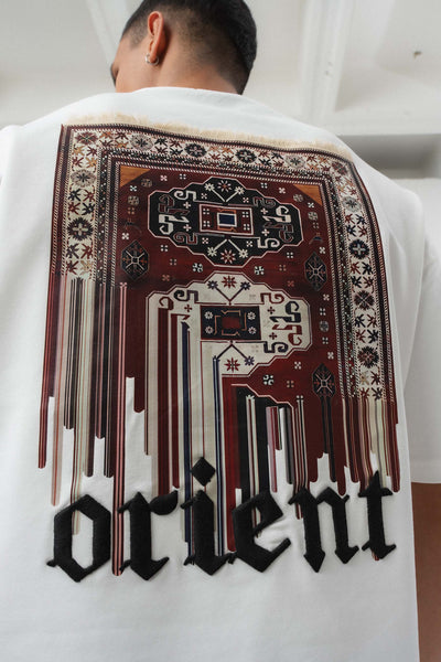 Orient Etnik Desen Nakış Detaylı Gri Oversize Baskılı T-Shirt