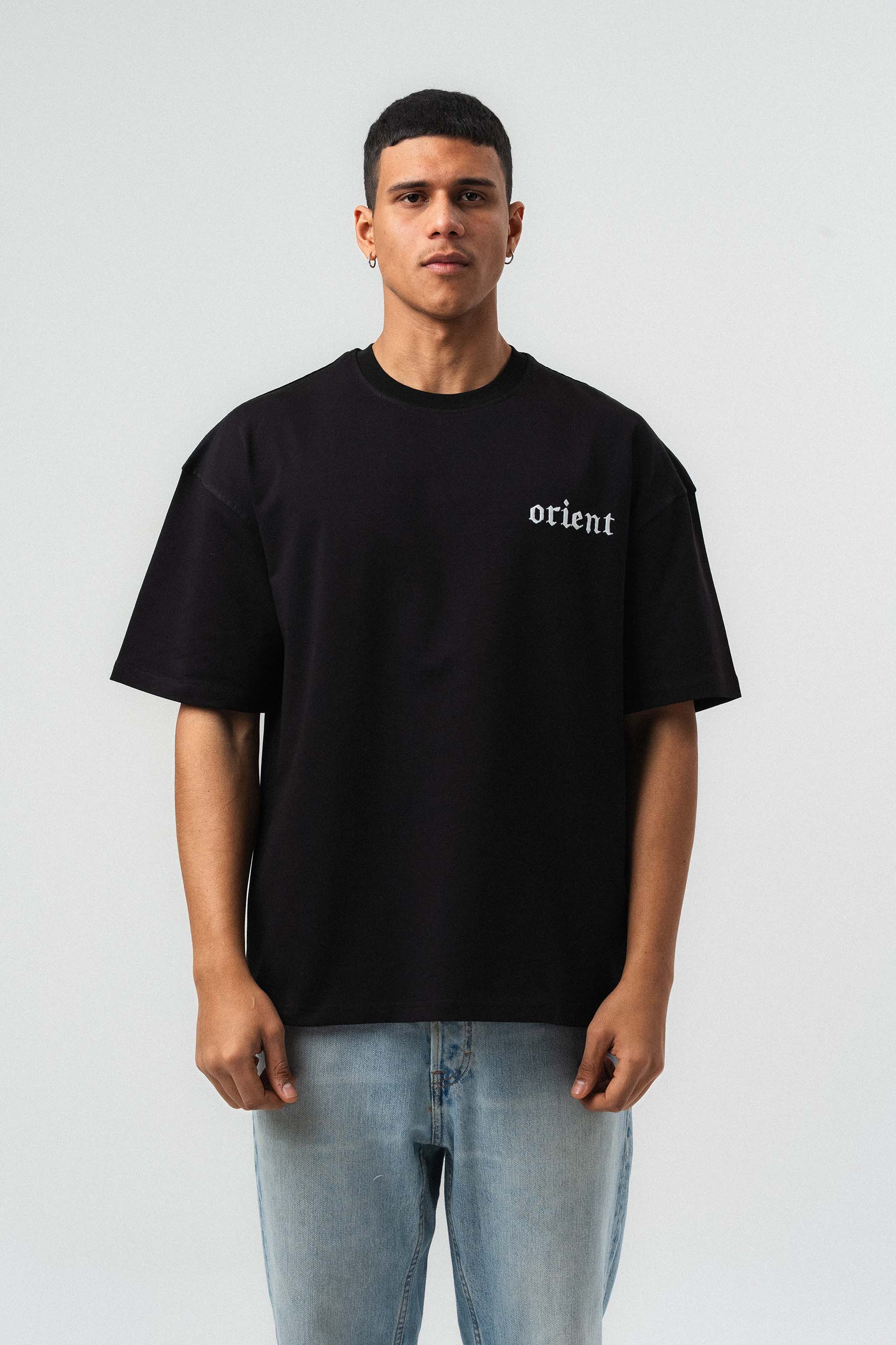 Orient Etnik Desen Nakış Detaylı Siyah Oversize Baskılı T-Shirt