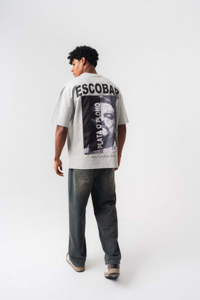 Pablo Emilio Escobar Gri Oversize Baskılı T-Shirt
