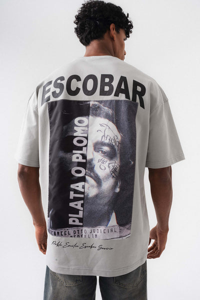 Pablo Emilio Escobar Gri Oversize Baskılı T-Shirt