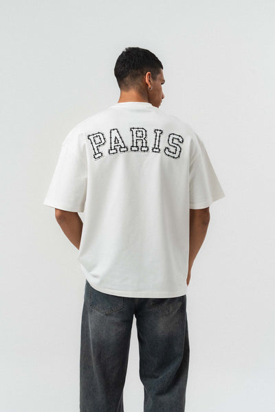 Paris Nakış Detaylı Beyaz Oversize Baskılı T-Shirt