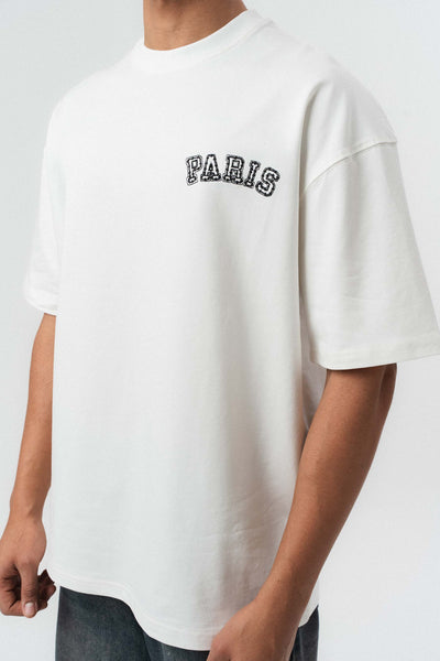 Paris Nakış Detaylı Beyaz Oversize Baskılı T-Shirt