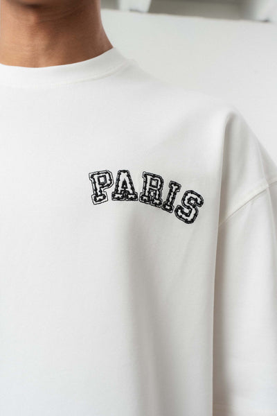 Paris Nakış Detaylı Beyaz Oversize Baskılı T-Shirt