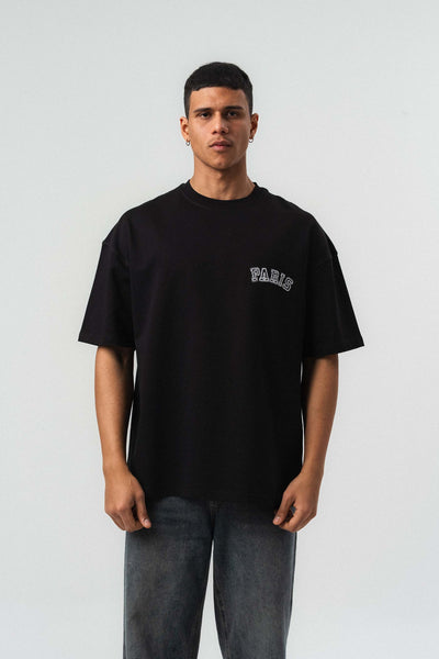 Paris Nakış Detaylı Siyah Oversize Baskılı T-Shirt