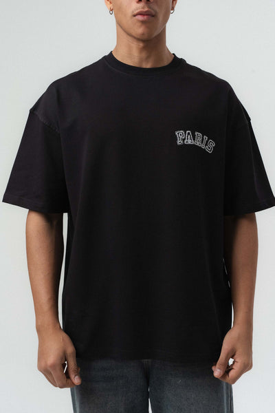 Paris Nakış Detaylı Siyah Oversize Baskılı T-Shirt