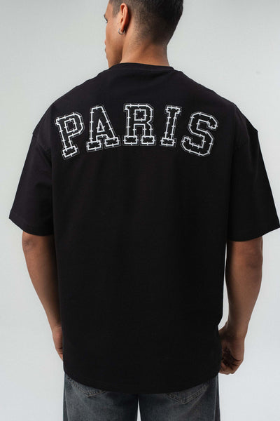 Paris Nakış Detaylı Siyah Oversize Baskılı T-Shirt