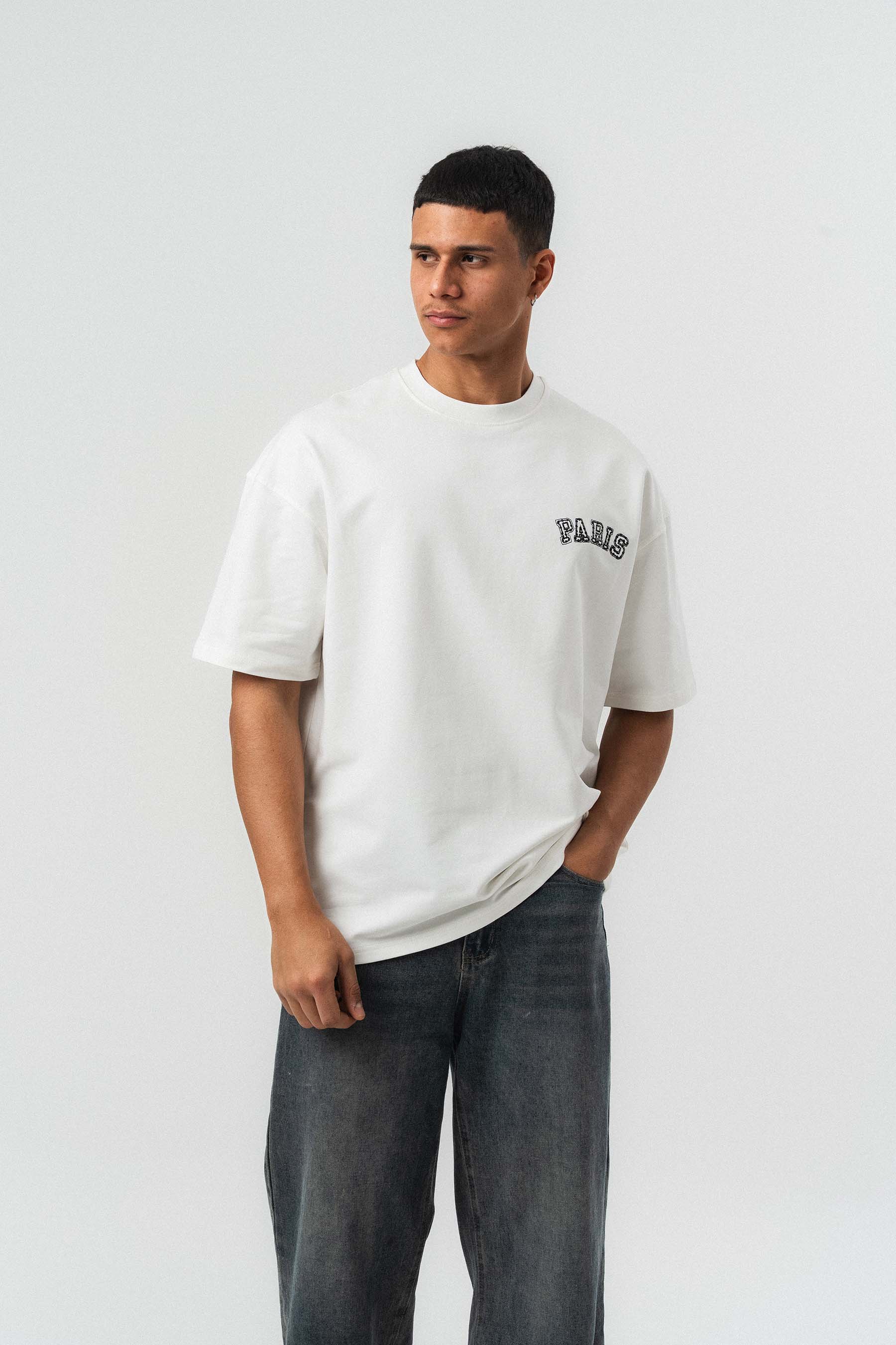 Paris Nakış Detaylı Beyaz Oversize Baskılı T-Shirt