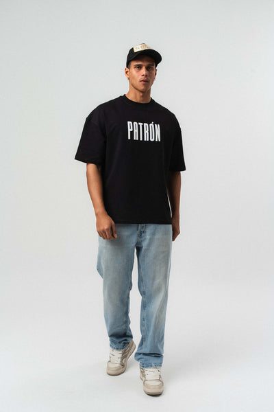 Patron Kabartmalı Siyah Oversize Baskılı T-Shirt