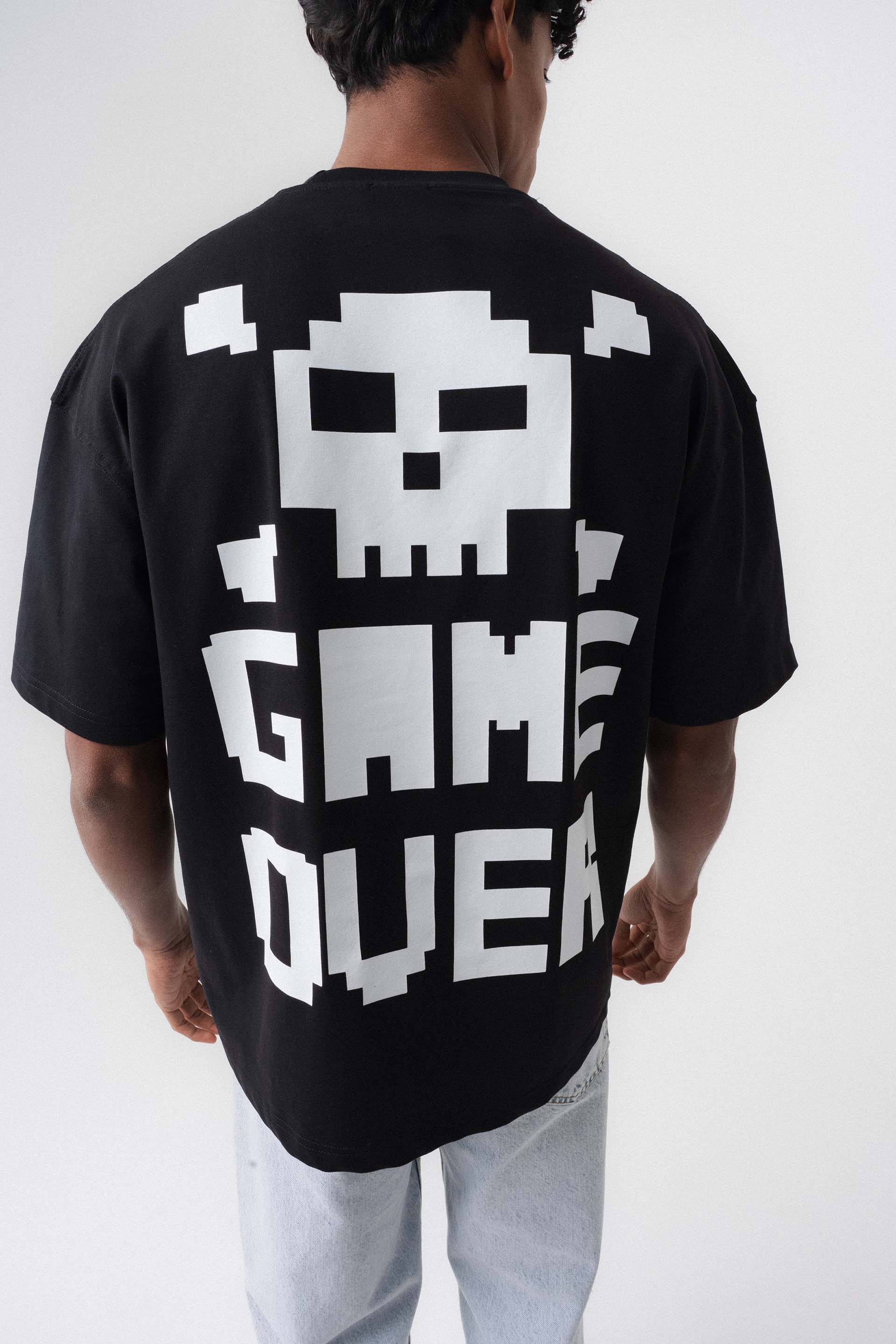 Game Over Siyah Oversize Baskılı T-Shirt