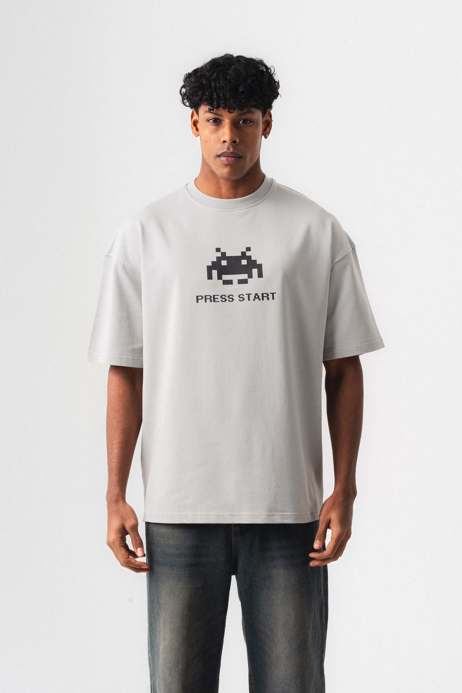Press Start The Game Baskılı Oversize T-Shirt Gri