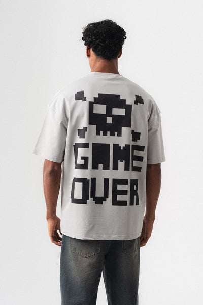 Press Start The Game Baskılı Oversize T-Shirt Gri