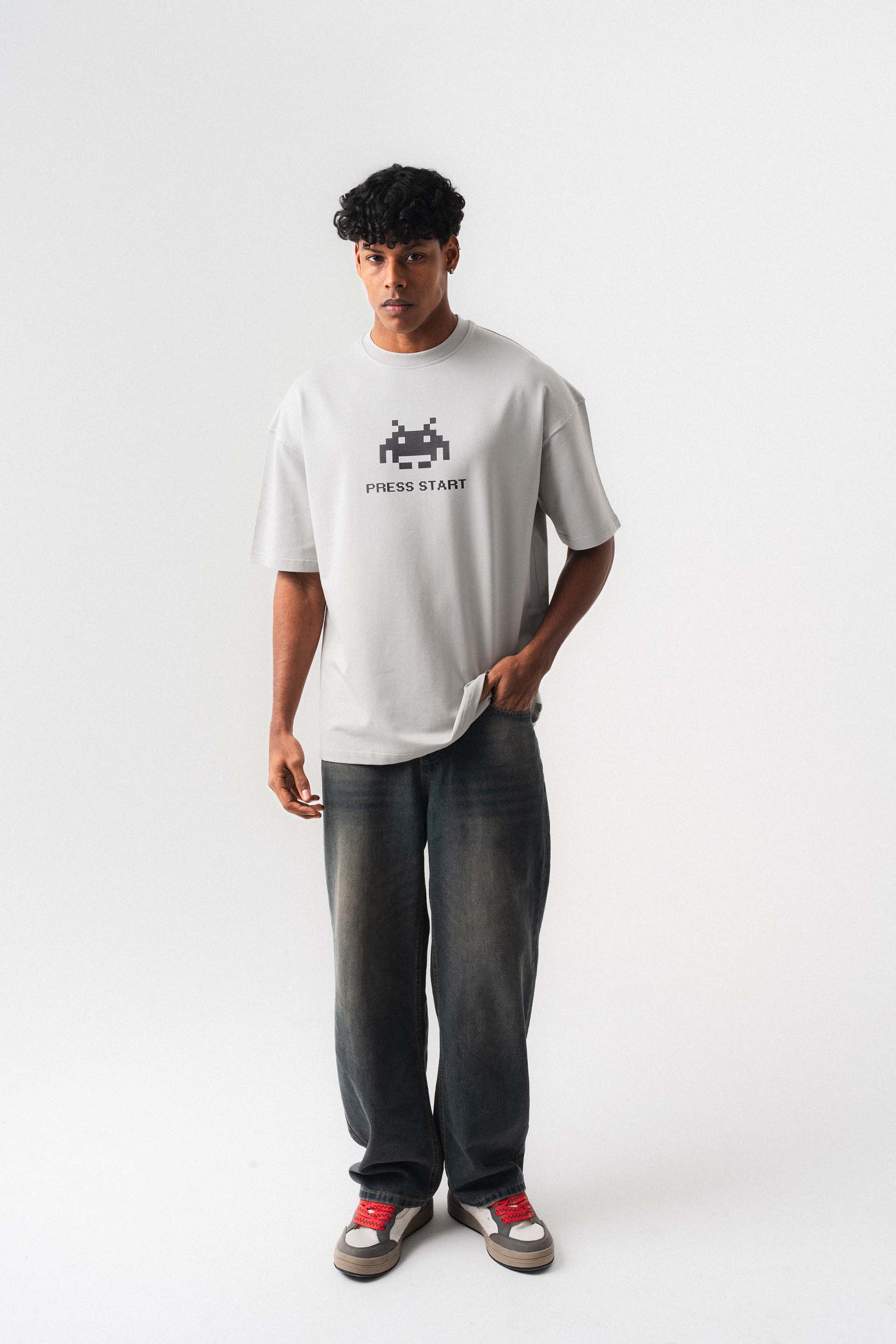 Press Start The Game Baskılı Oversize T-Shirt Gri