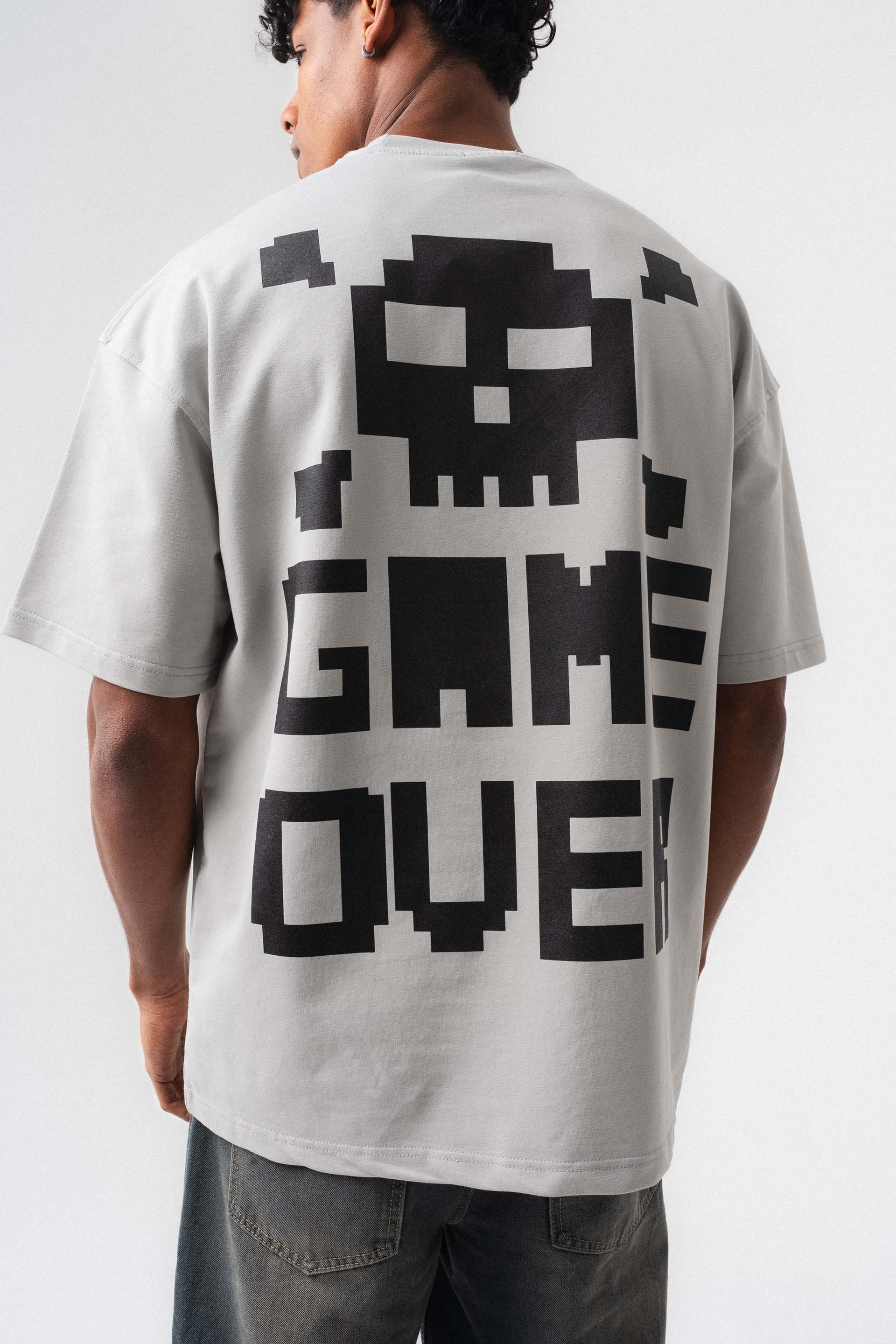 Press Start The Game Baskılı Oversize T-Shirt Gri