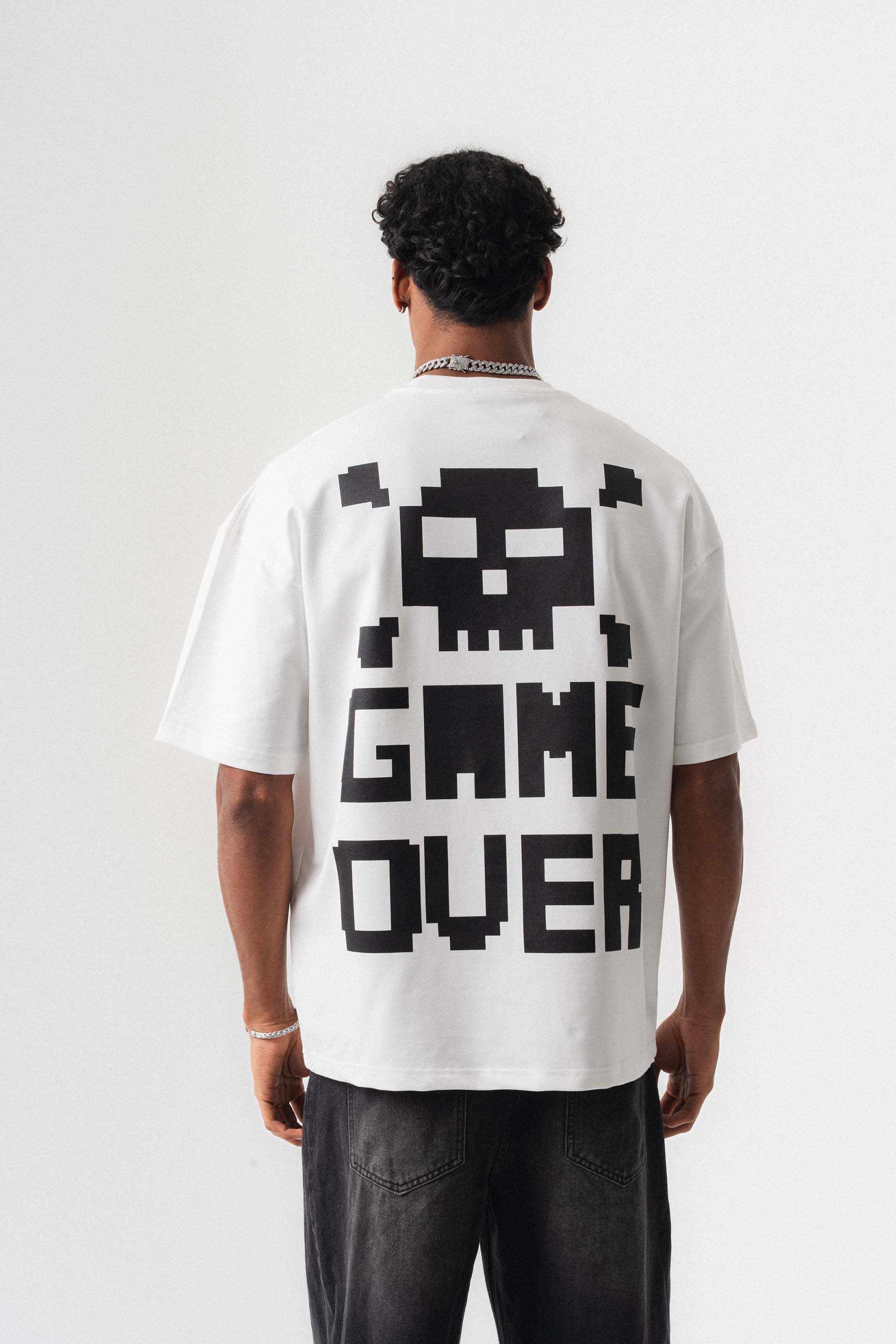 Press Start The Game Baskılı Oversize T-Shirt Beyaz