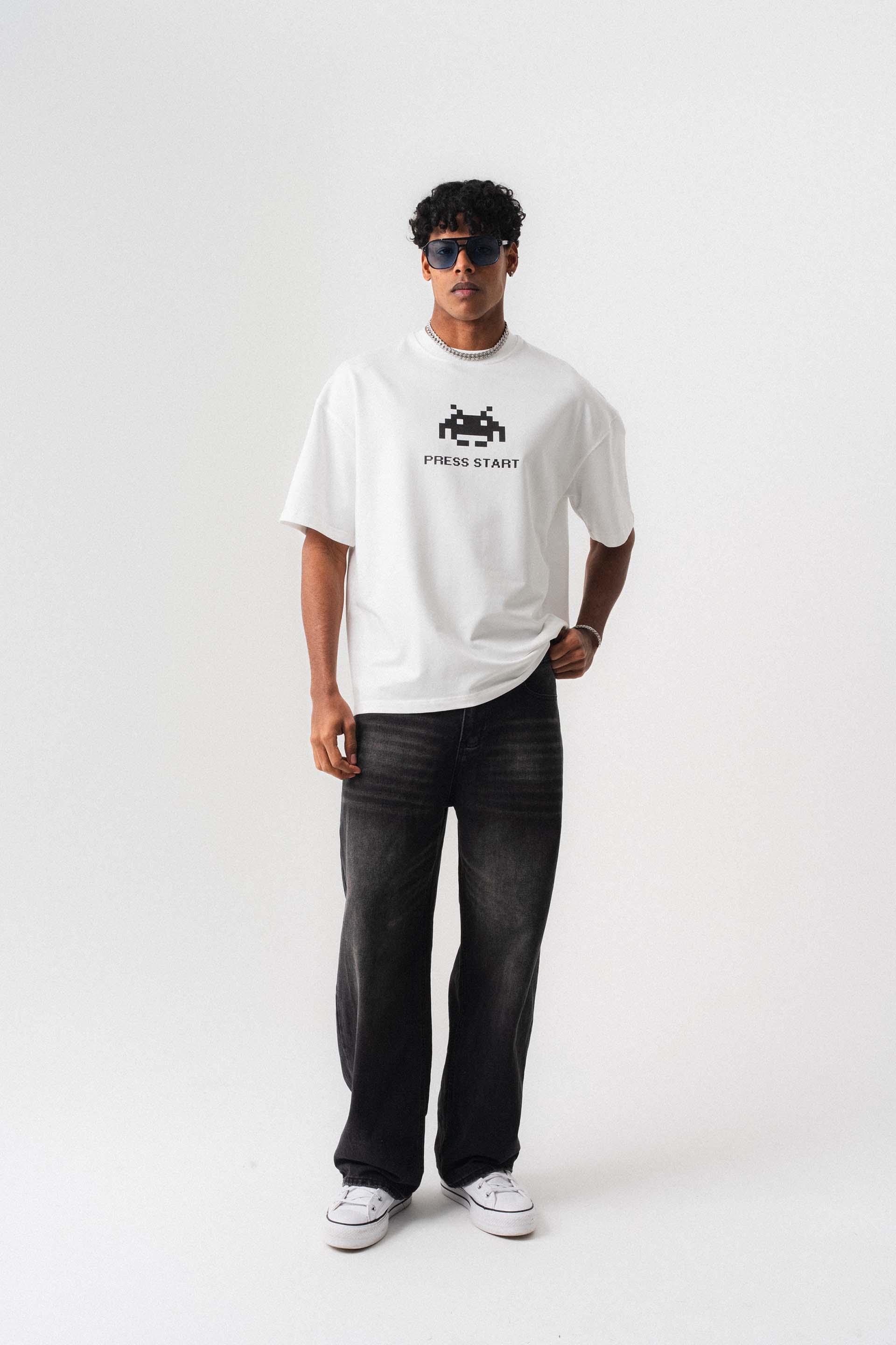 Press Start The Game Baskılı Oversize T-Shirt Beyaz