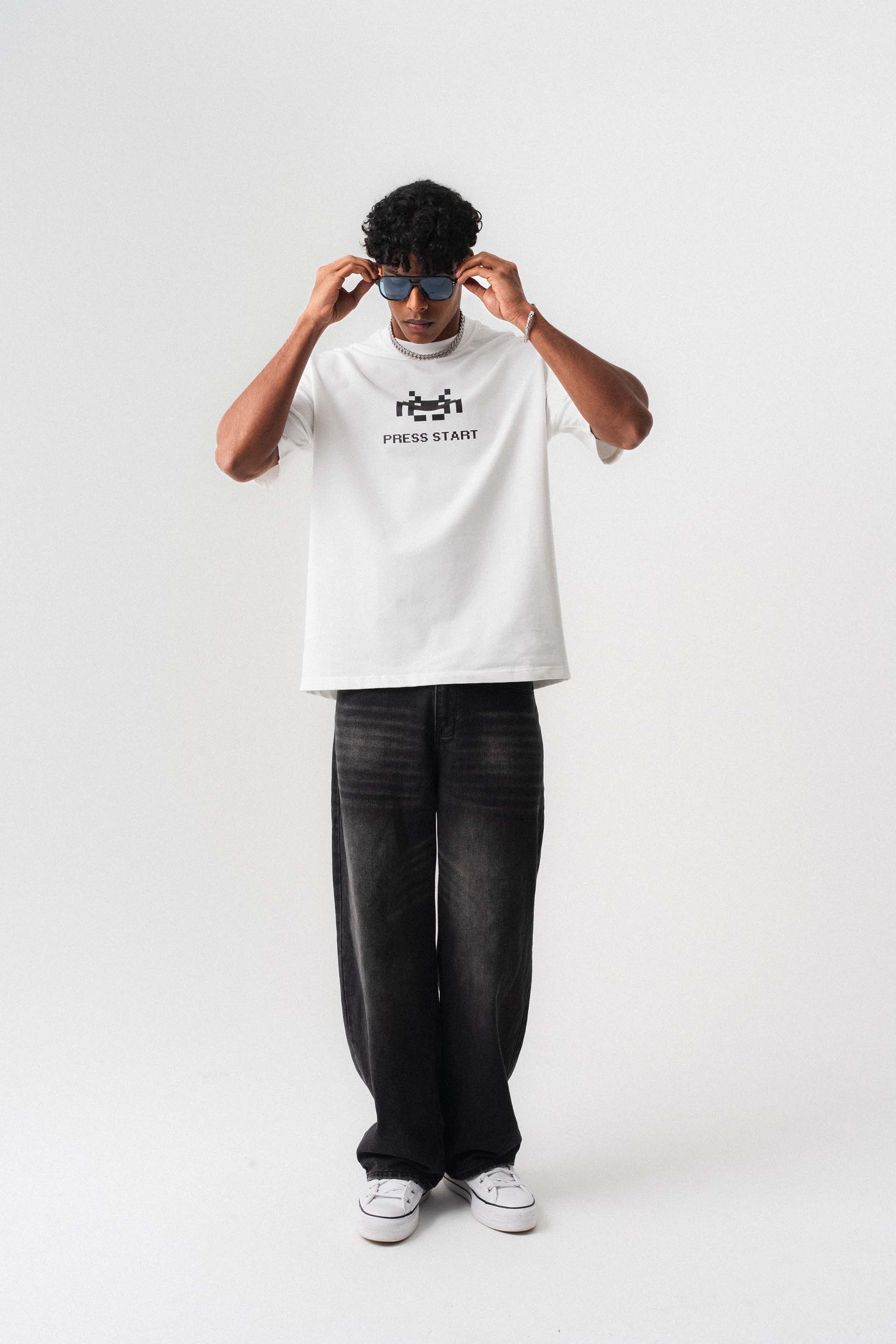 Press Start The Game Baskılı Oversize T-Shirt Beyaz