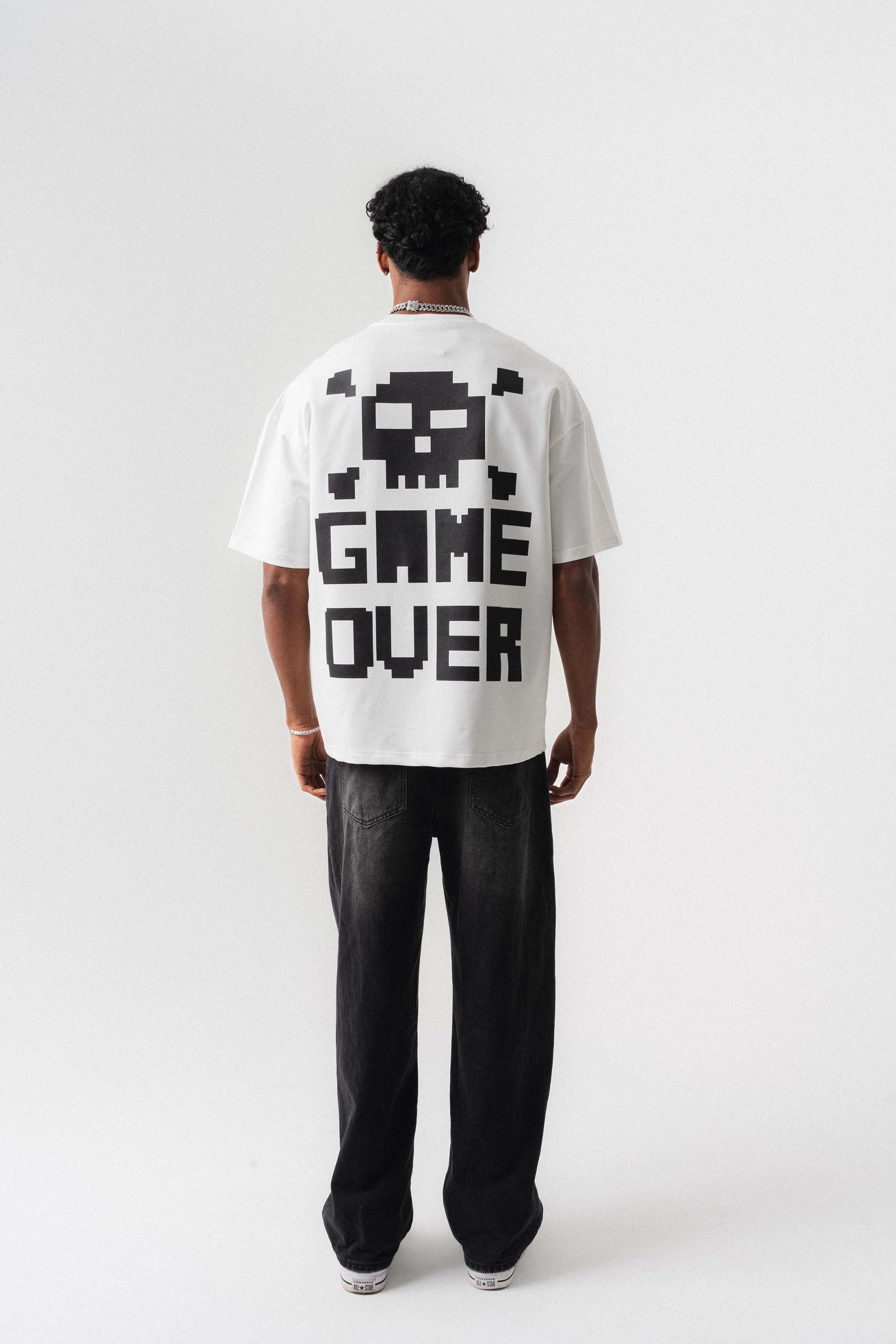 Press Start The Game Baskılı Oversize T-Shirt Beyaz