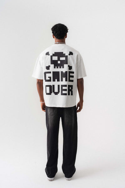 Press Start The Game Baskılı Oversize T-Shirt Beyaz