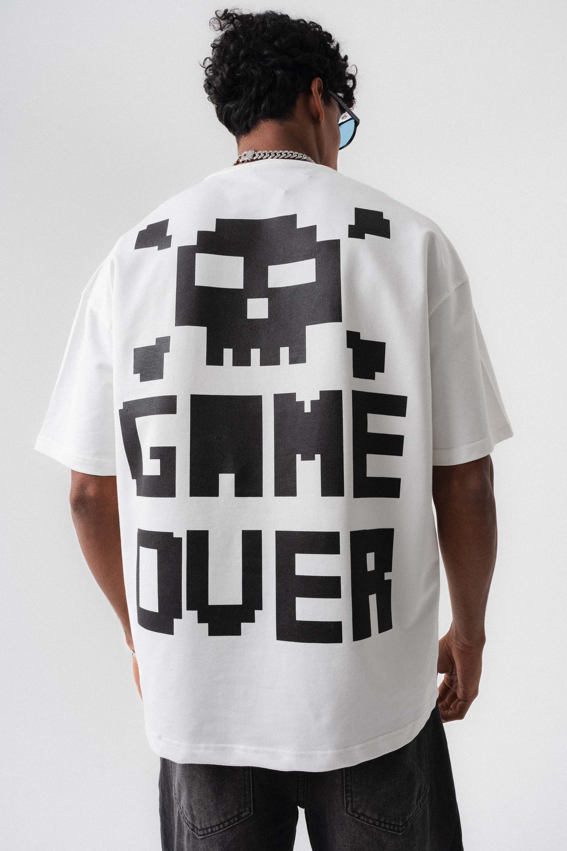 Press Start The Game Baskılı Oversize T-Shirt Beyaz