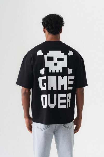 Press Start The Game Baskılı Oversize T-Shirt Siyah