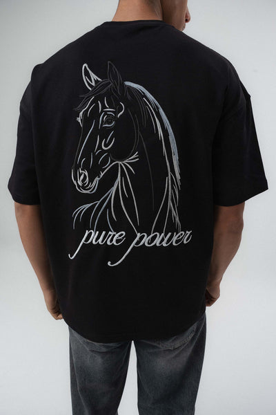 Pure Power At Baskılı Siyah Oversize Baskılı T-Shirt