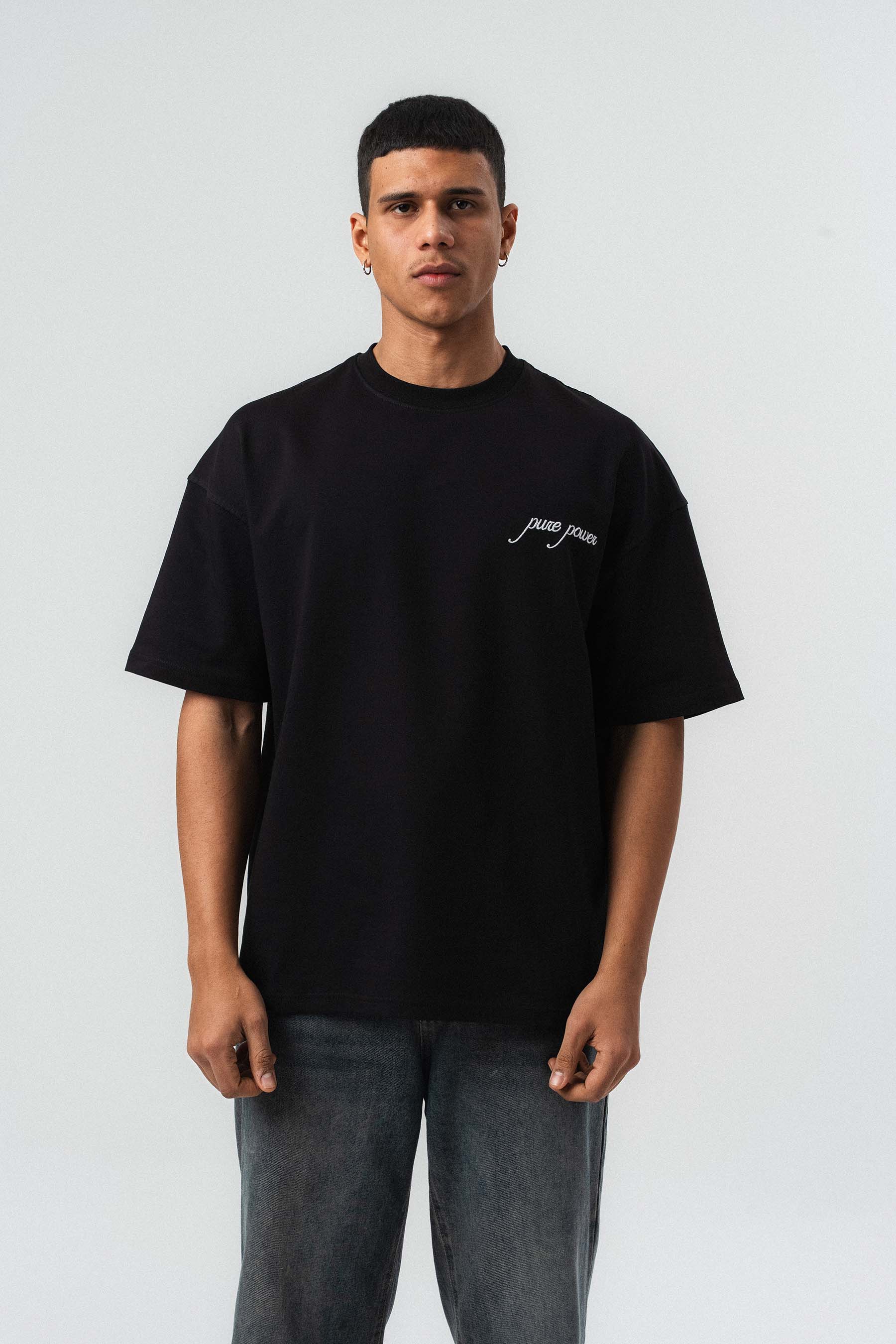 Pure Power At Baskılı Siyah Oversize Baskılı T-Shirt