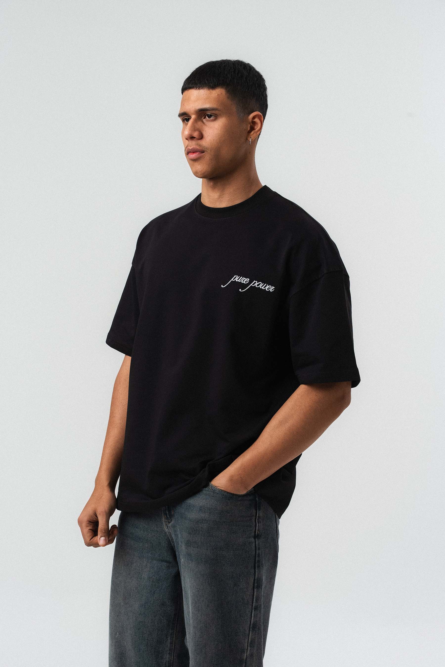 Pure Power At Baskılı Siyah Oversize Baskılı T-Shirt