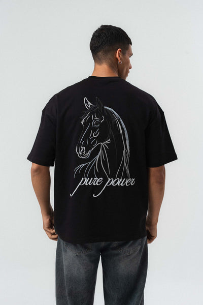 Pure Power At Baskılı Siyah Oversize Baskılı T-Shirt
