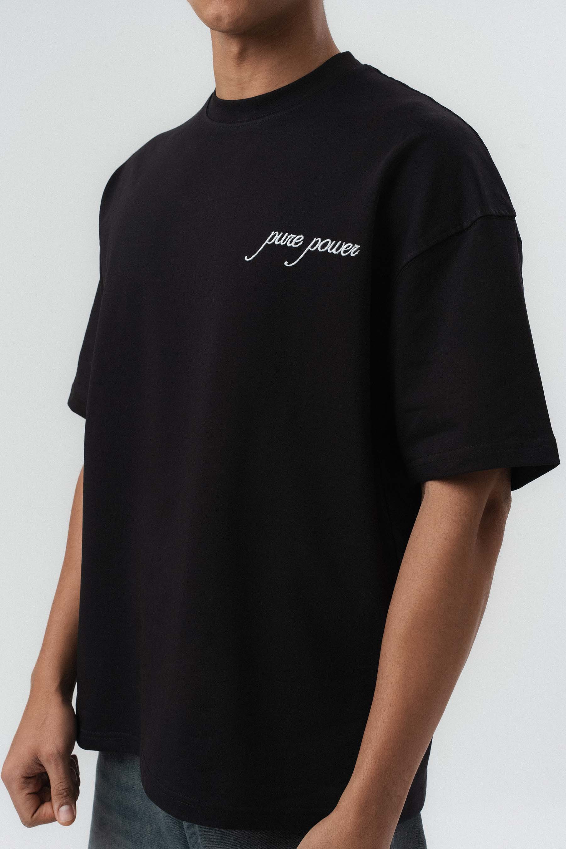 Pure Power At Baskılı Siyah Oversize Baskılı T-Shirt
